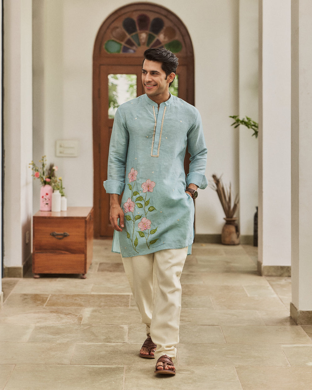 Zevran Blue Handpainted Silk Kurta