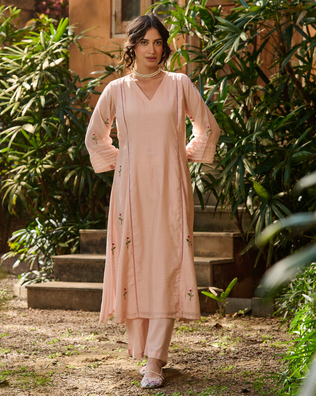 Lina Peach Embroidered Cotton Checks Kurta Set