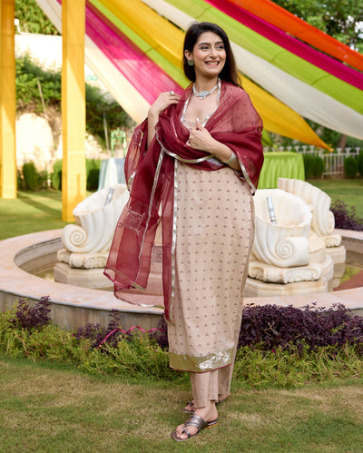 Kriti Beige Bandhani Chanderi Suit Set