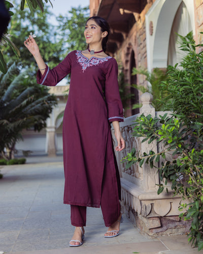 Chic Brown Embroidered Flex Kurta Set