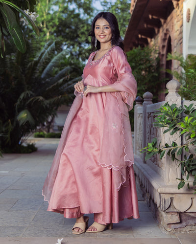 Mallow Mauve Embroidered Chanderi Suit Set