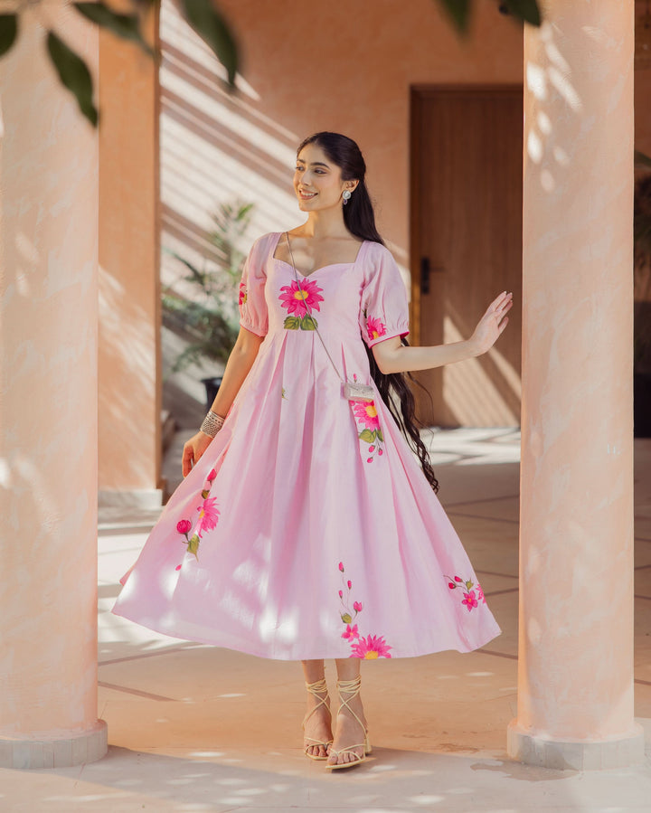 Flora Fable Pink Handpainted Cotton Dress