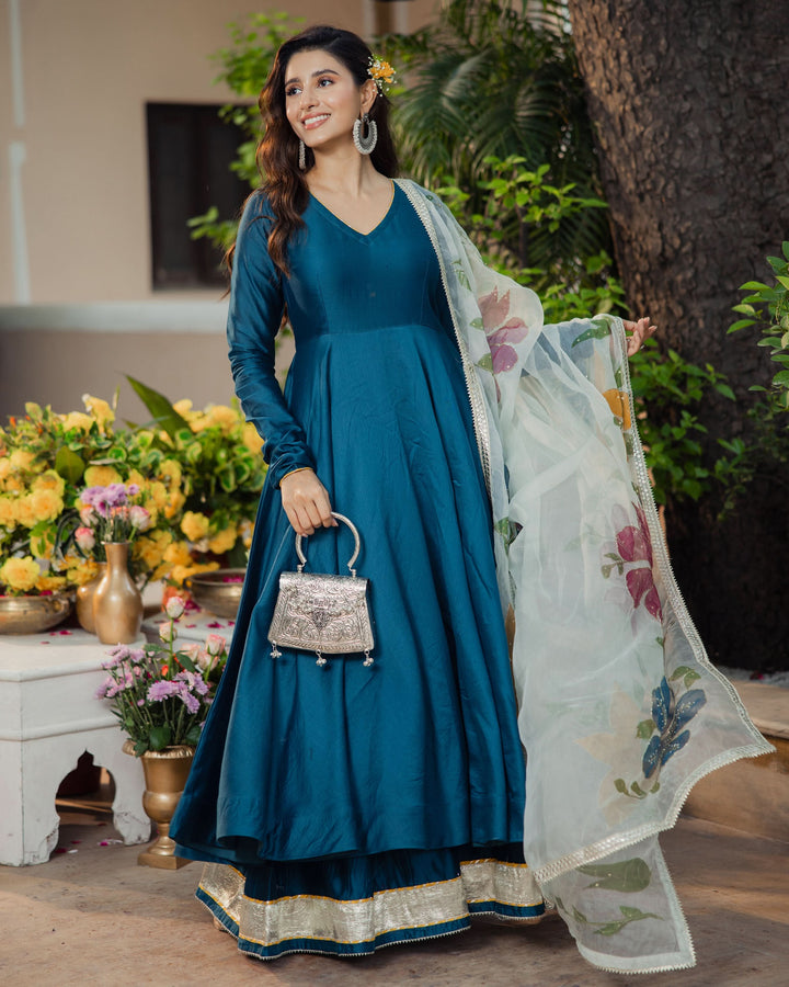 Neelkamal Teal Blue Handpainted Chanderi Suit Set