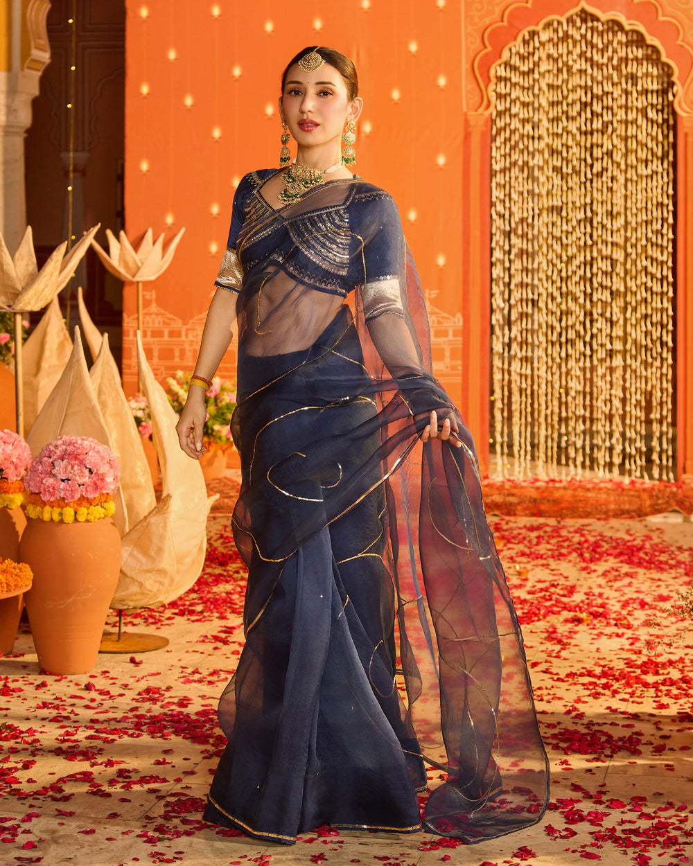 Noorika Blue Embroidered Satin Aangi Blouse And Saree