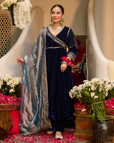 Arzu Blue Embroidered Velvet Suit Set