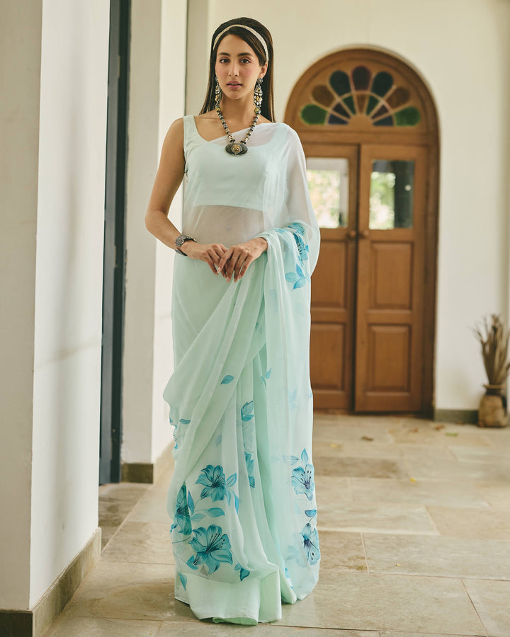 Lily Sea Green Handpainted Chiffon Saree