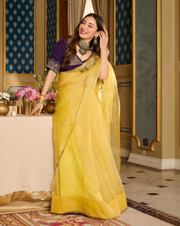 Meher Purple Embroidered Satin Aangi Blouse And Saree