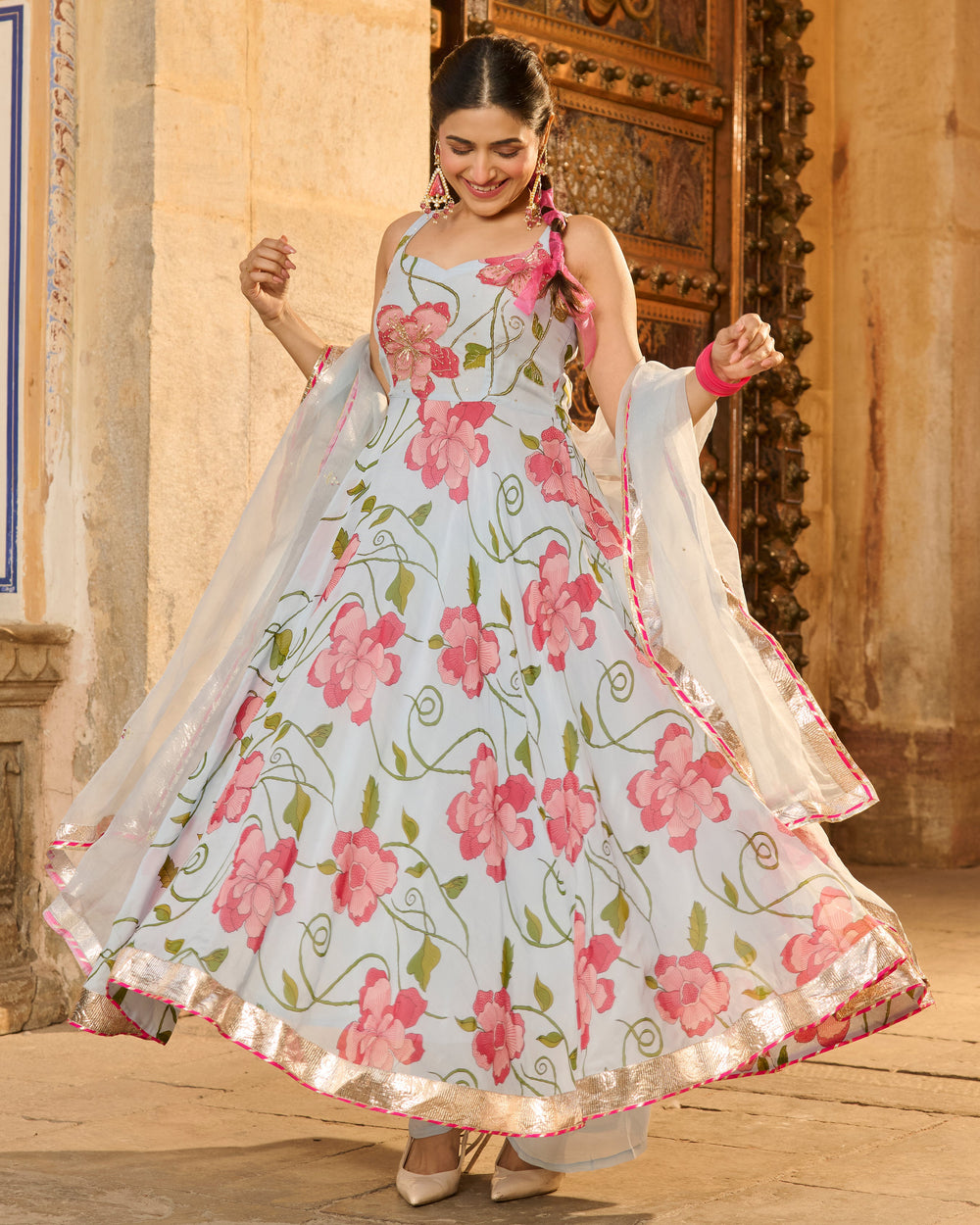 Astra Light Blue Printed Viscose Organza Suit Set