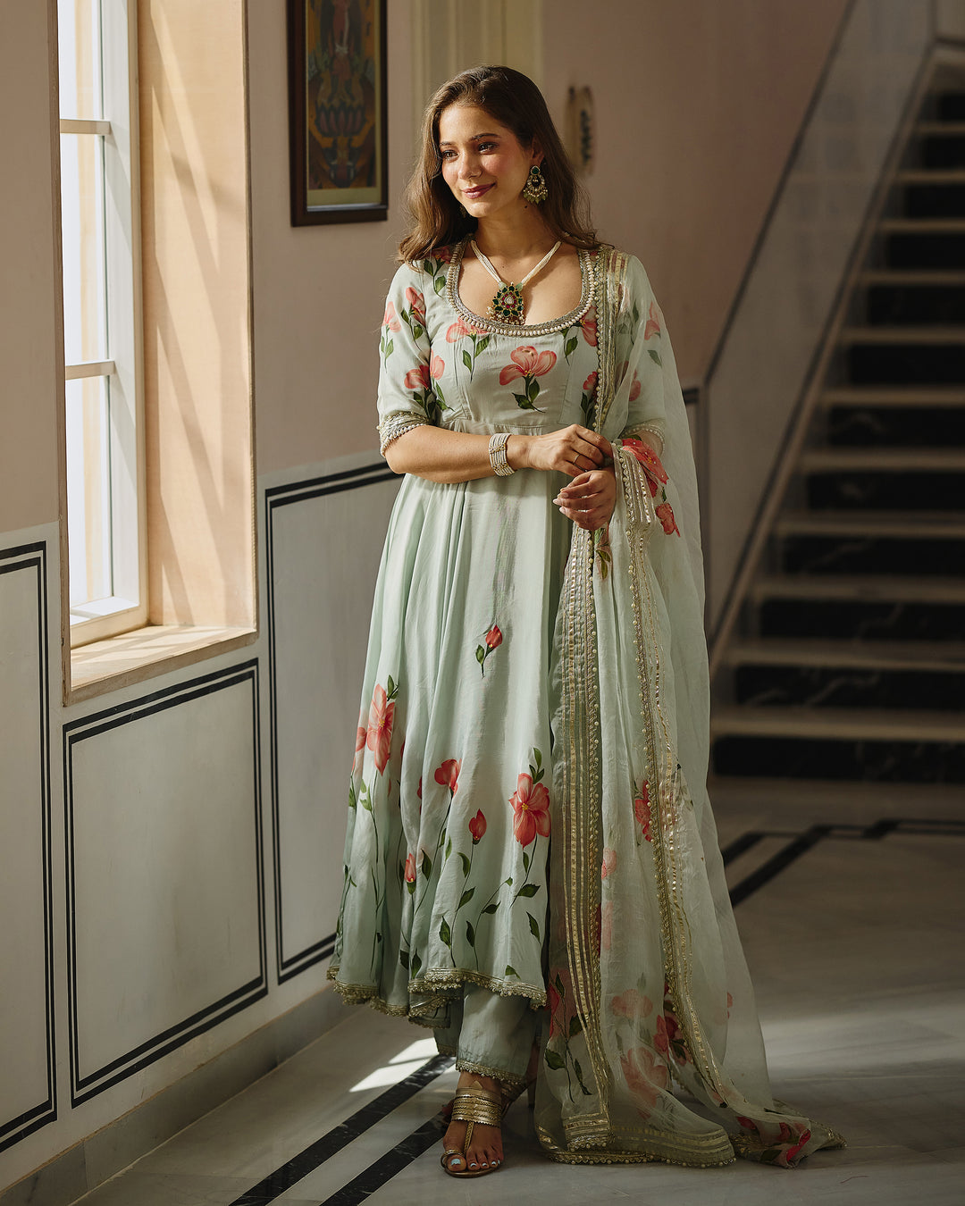 Varaz Blue Handpainted Viscose Organza Suit Set