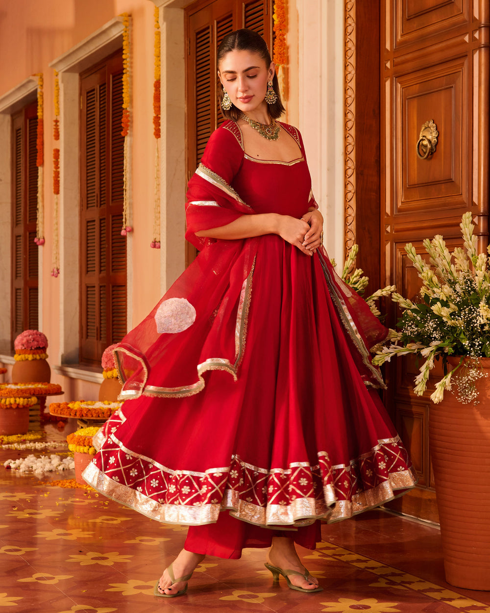 Karwa Red Embroidered Chanderi Suit Set