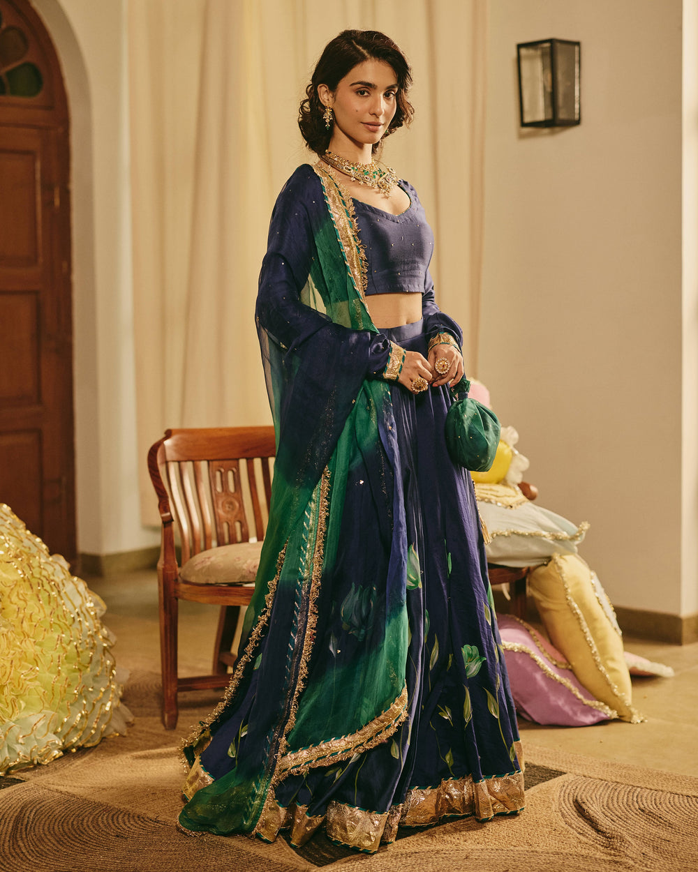 Varnesha Blue Handpainted Chanderi Lehenga Set