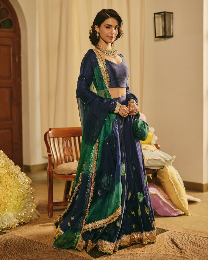Varnesha Blue Handpainted Chanderi Lehenga Set