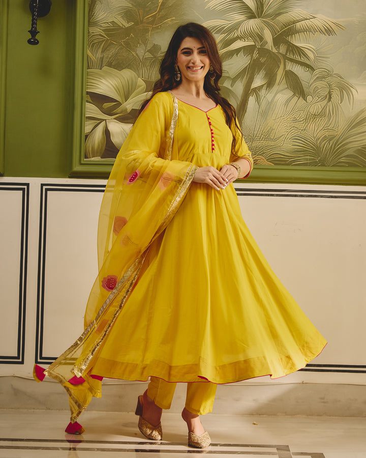 Yellow Organza Handpainted Suit Set