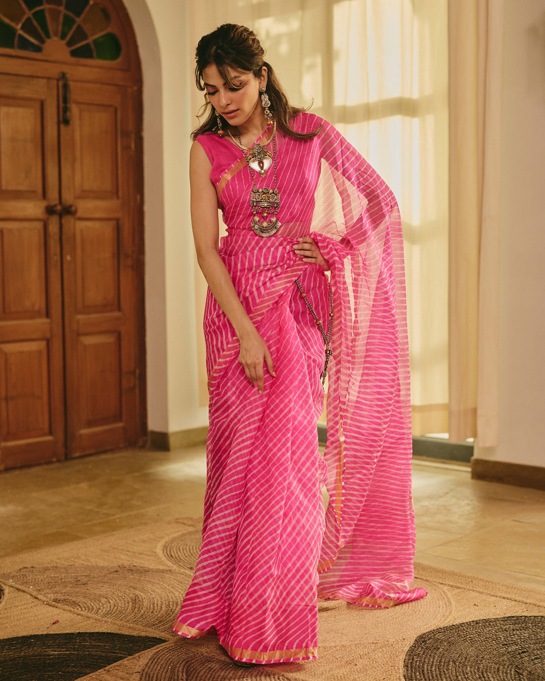 Fiesta Pink Doria Leheriya Saree