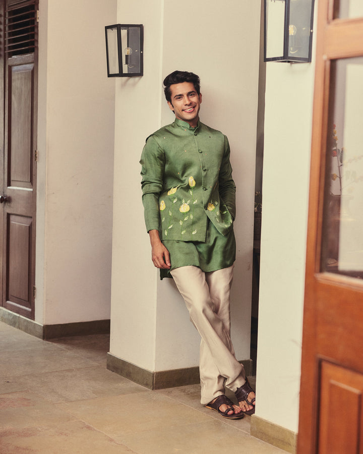 Aadvik Olive Handpainted Silk Jacket And Kurta Set