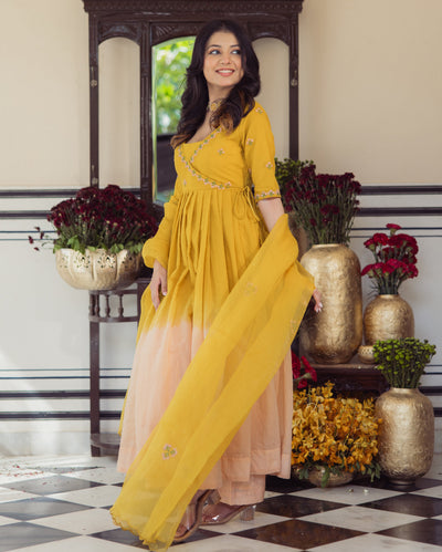 Sunny Mustard Ombre Embroidered Chanderi Suit Set