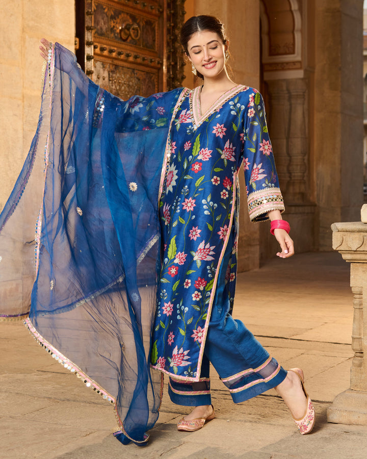 Beat Blue Printed Chanderi Suit Set