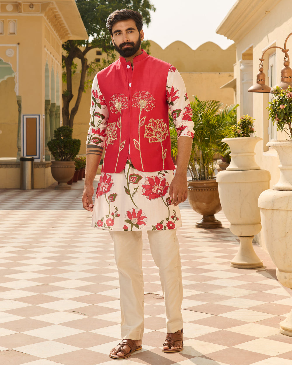 Nirav Pink Embroidered Chanderi Jacket And Printed Kurta Set