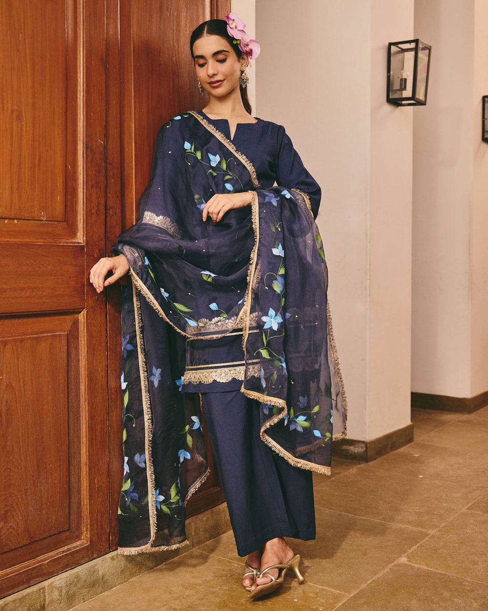 Lace Blue Handpainted Cotton Suit Set