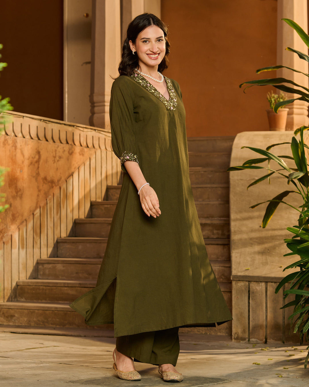 Dot Green Embroidered Cotton Kurta Set