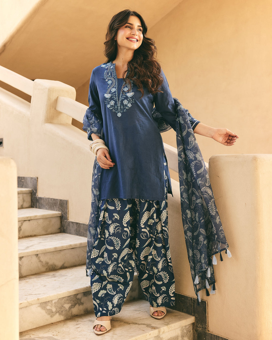 Nella Blue Cotton Printed Farsi Salwar Set
