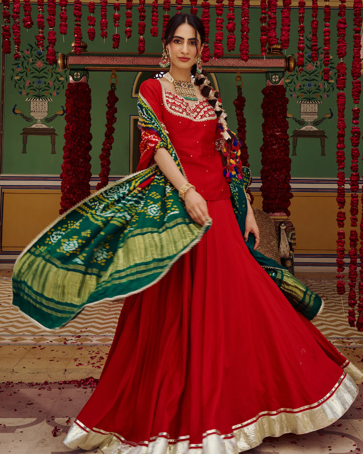 Anuroop Red Embroidered Chanderi Lehenga Set