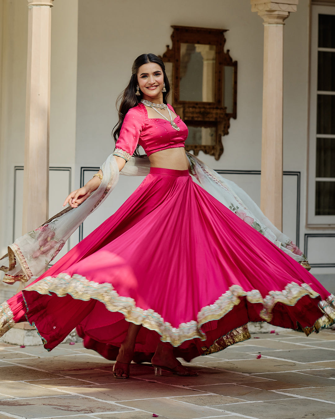 Kalvani Pink Handpainted Satin Lehenga Set