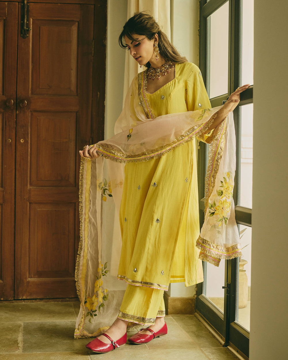 Chitriya Yellow Handpainted Chanderi Suit Set