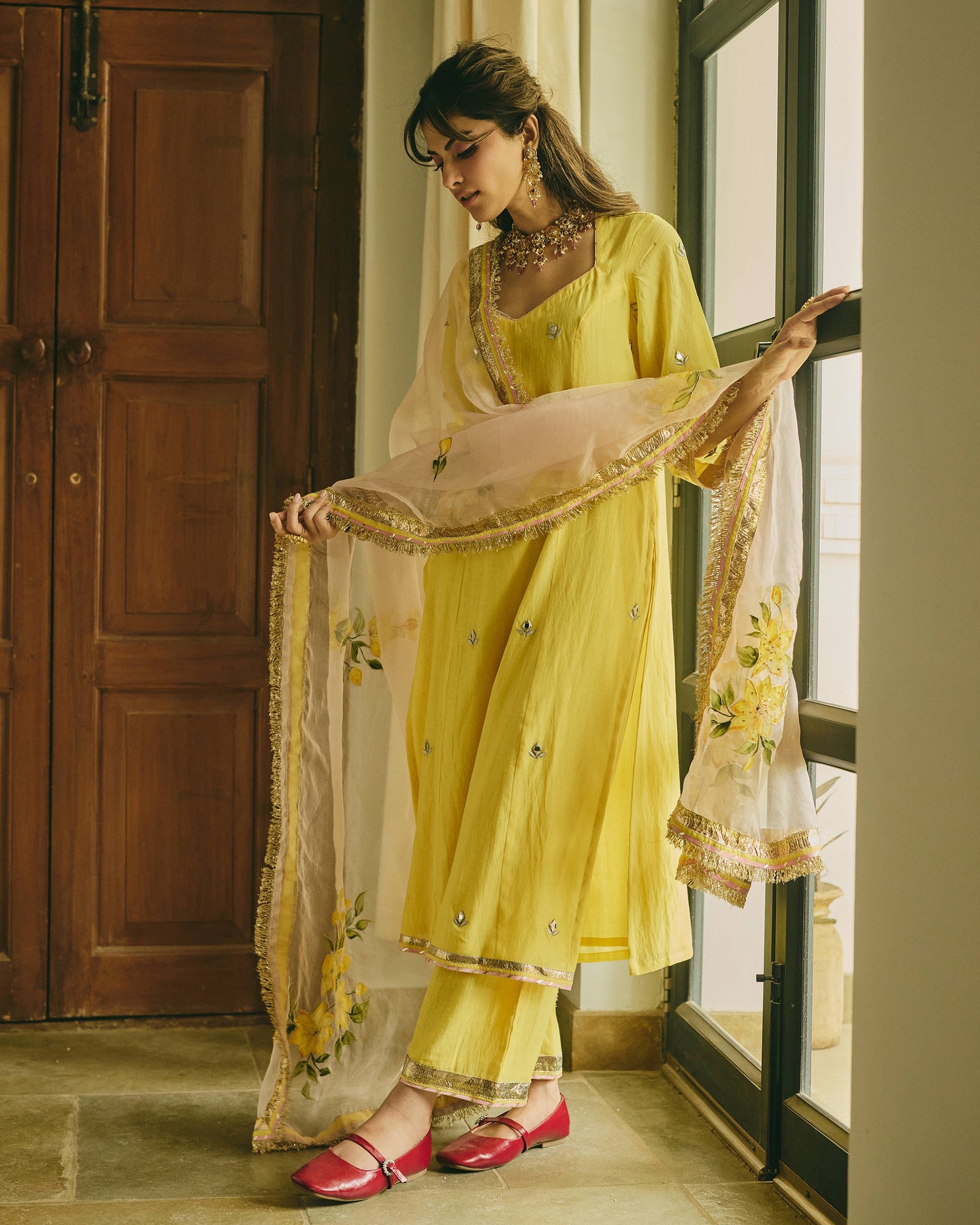 Chitriya Yellow Handpainted Chanderi Suit Set