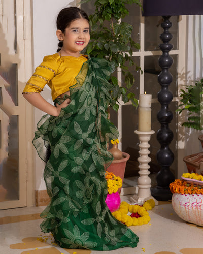 Dua Green Bandhani Organza Pre Draped Saree