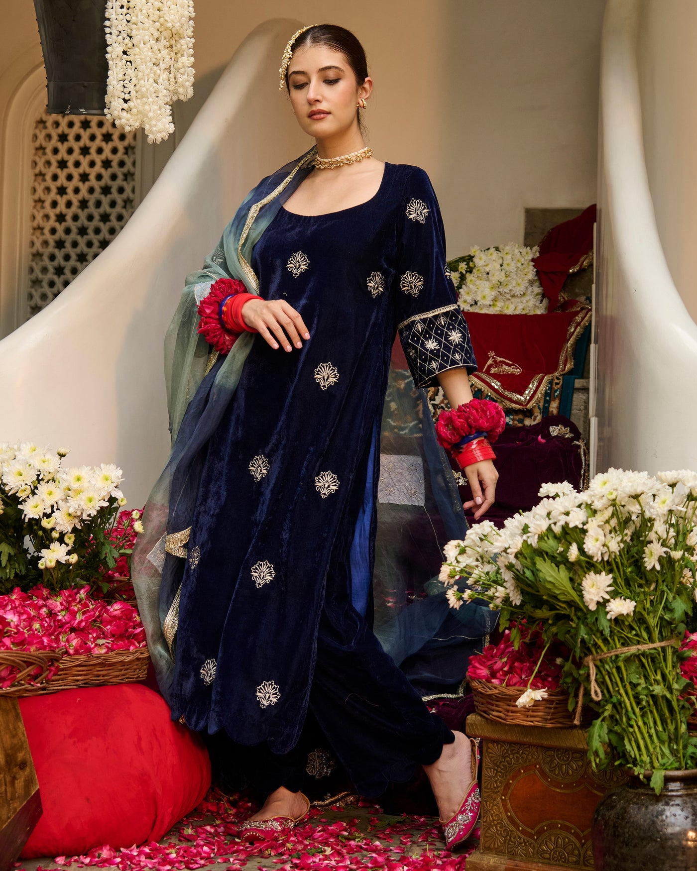 Rayan Blue Embroidered Velvet Suit Set