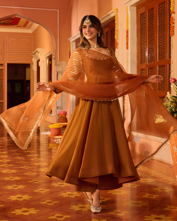 Deepvya Brown Embroidered Chanderi Suit Set