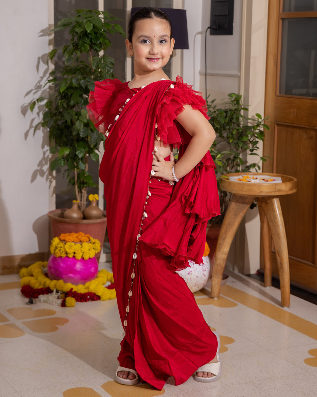 Roop Red Solid Crepe Pre Draped Saree