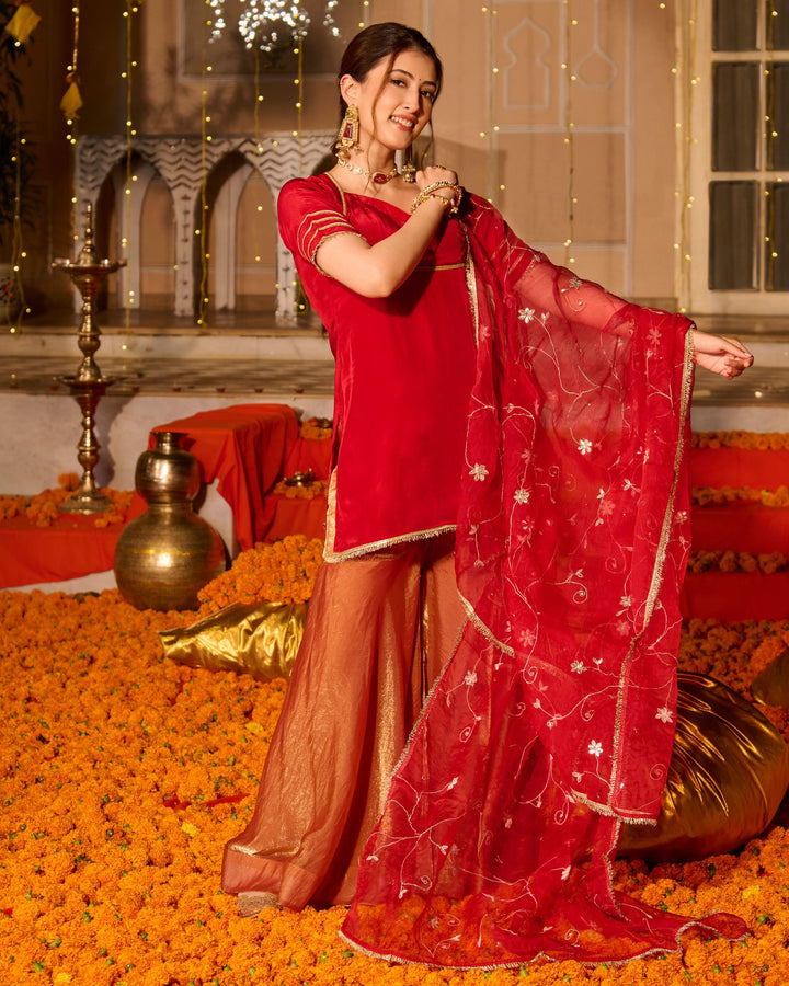 Shubhi Red Solid Satin Sharara Set