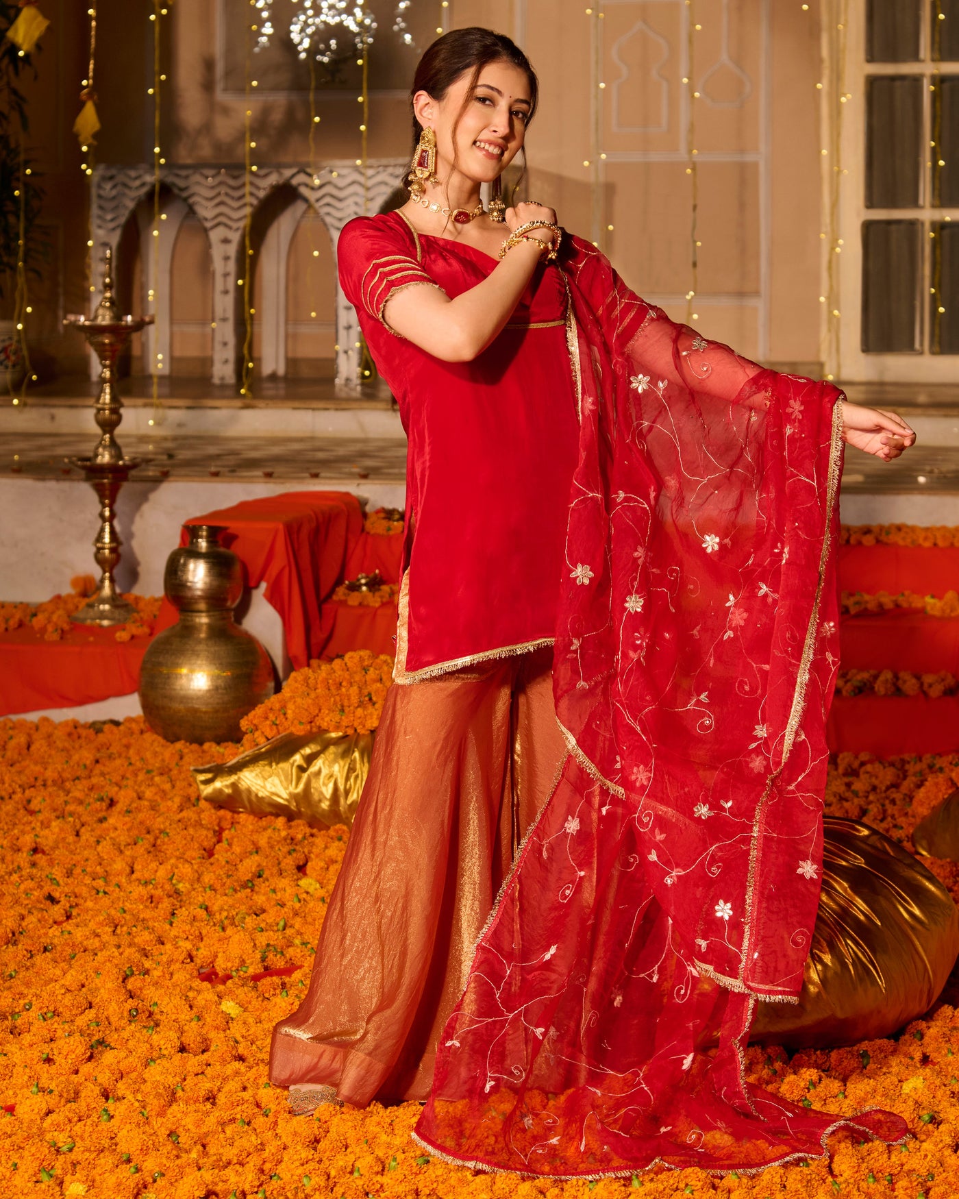 Shubhi Red Solid Satin Sharara Set