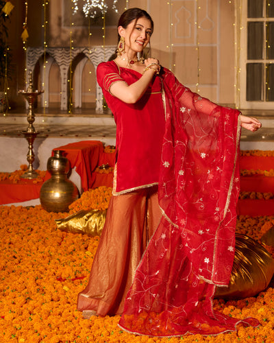 Shubhi Red Solid Satin Sharara Set