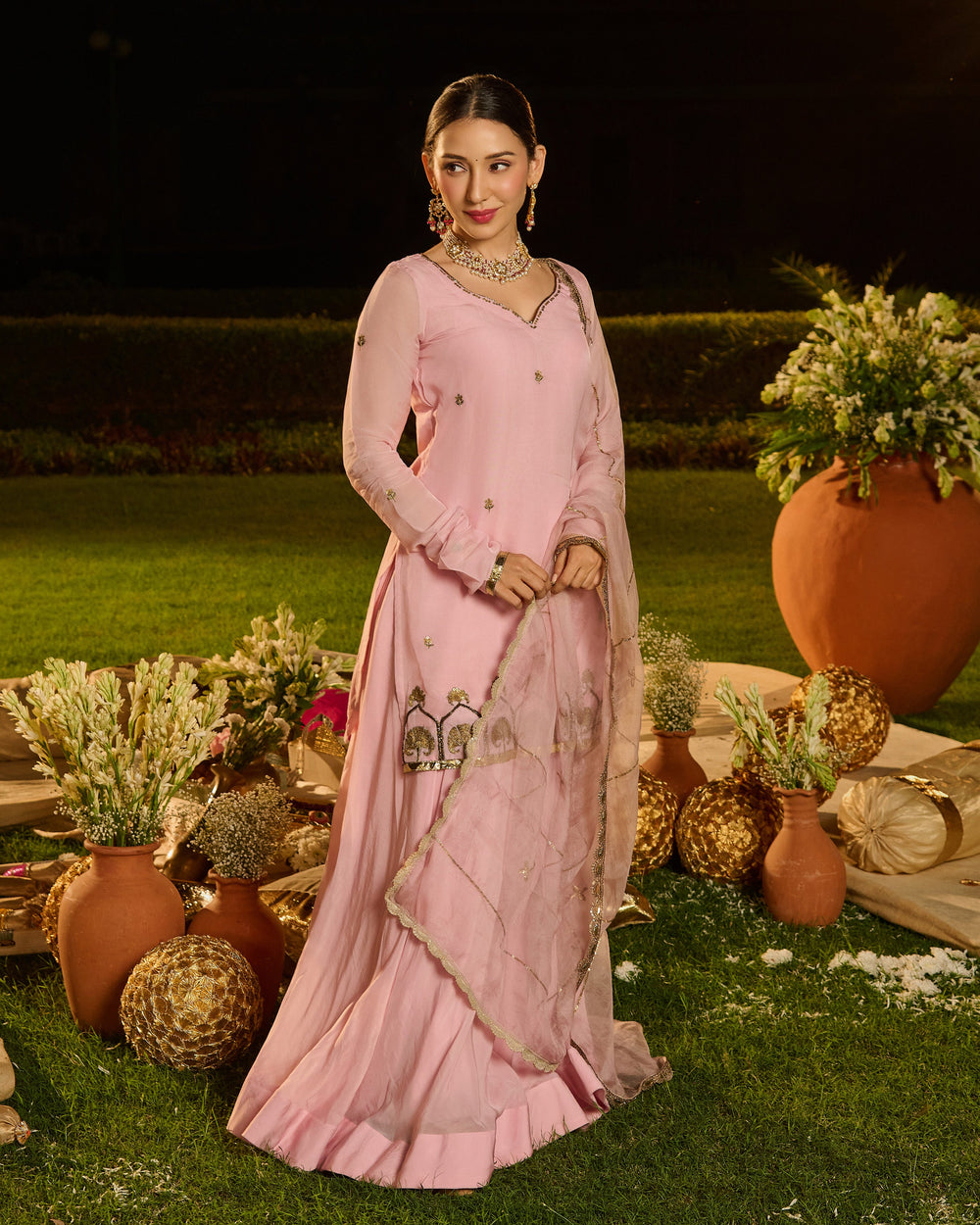 Deepra Baby Pink Embroidered Viscose Organza Suit Set