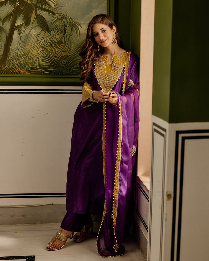 Ambika Purple Embroidered Chanderi Suit Set