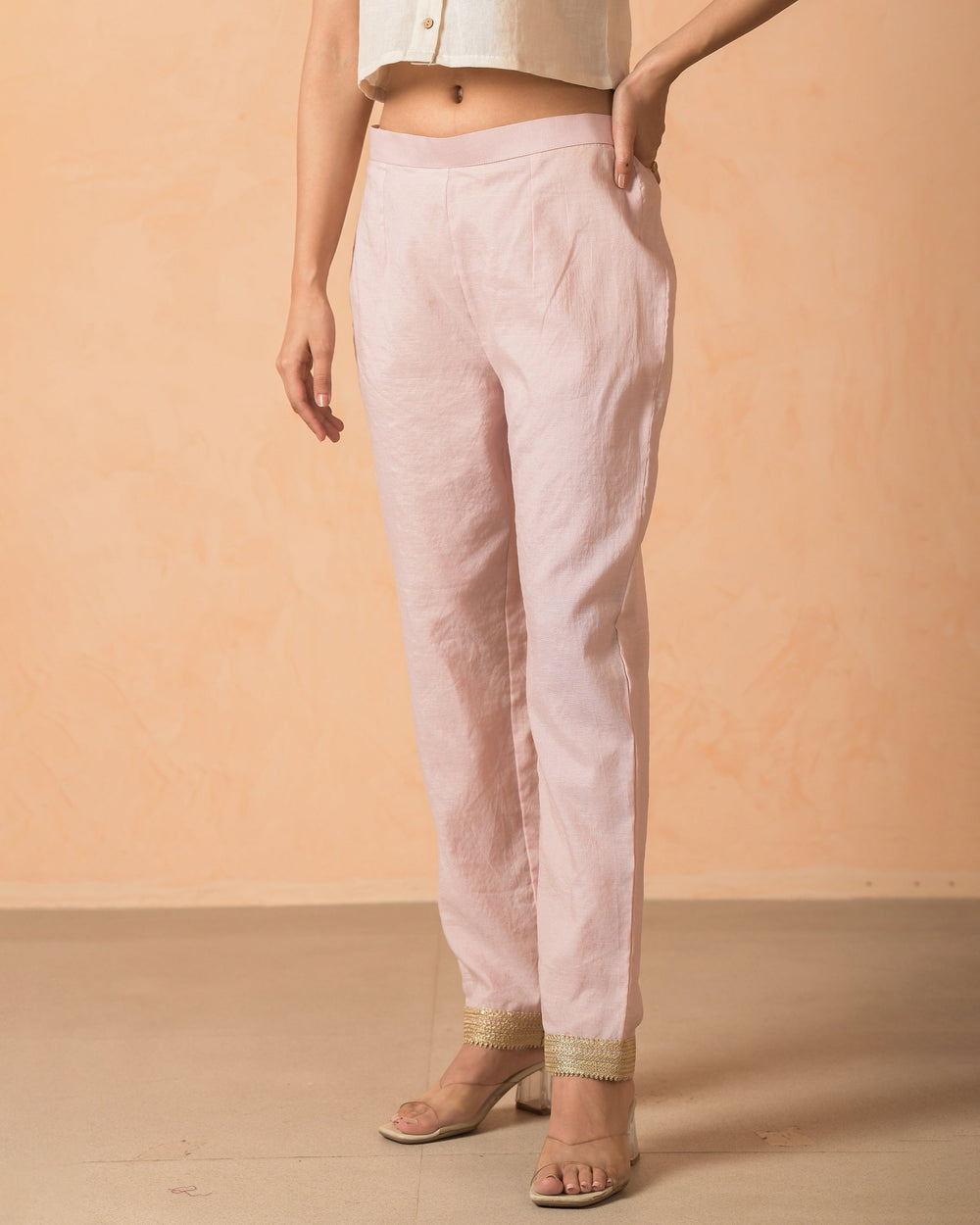 Arovi Pink Chanderi Solid Straight Pants
