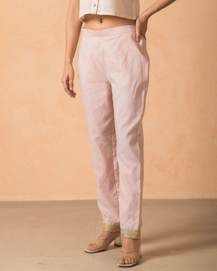 Arovi Pink Chanderi Solid Straight Pants