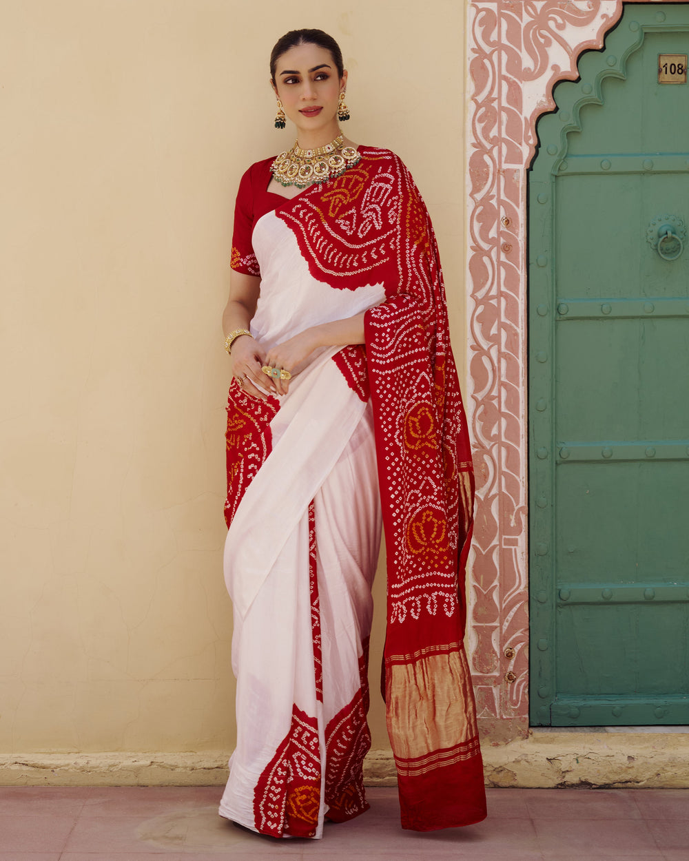 Champa White Kajol Bandhej Silk Saree