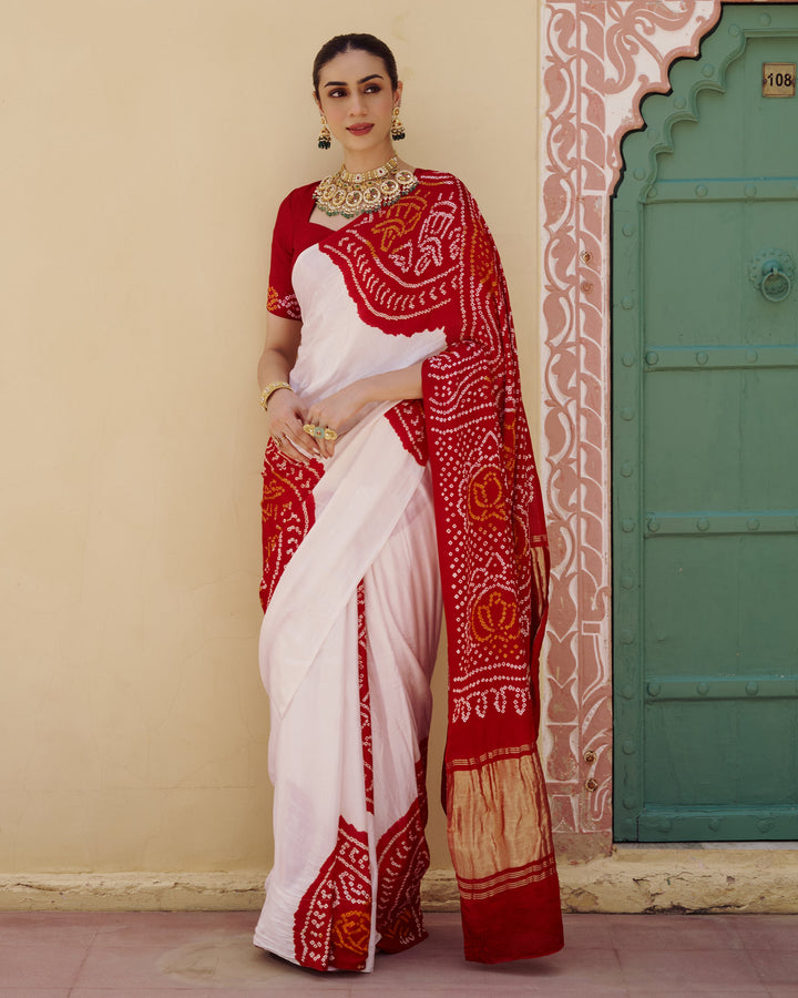 Champa White Kajol Bandhej Silk Saree