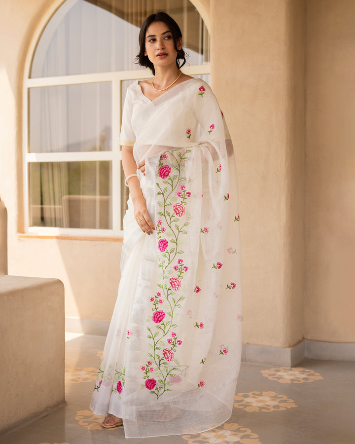 Safed White Doria Embroidered Saree