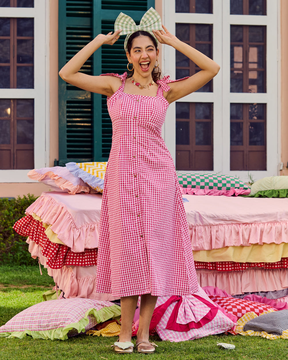 Piar Pink Cotton Checks Dress