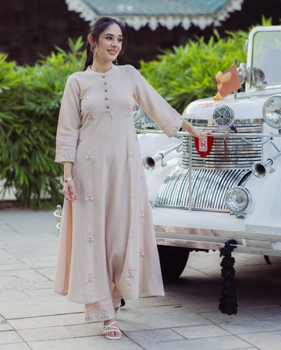 Stick Beige Embroidered Flex Kurta Set