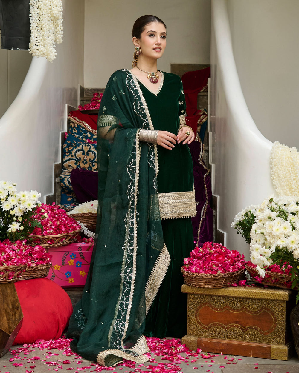 green long dress with flowers Green Sharara Suit main image 1