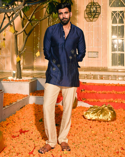 Neelkanth Navy Embroidered Chanderi Kurta