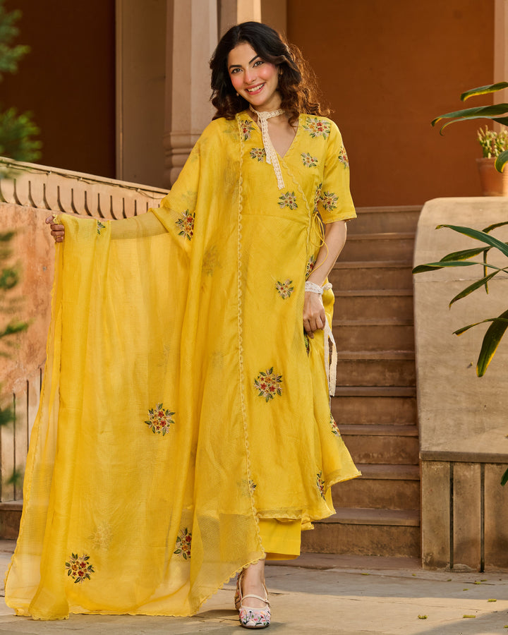 Kesari Yellow Embroidered Doria Suit Set