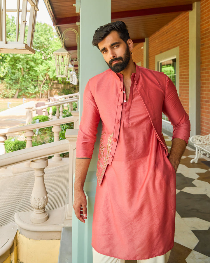 Aavesh Peach Embroidered Chanderi Jacket And Kurta Set