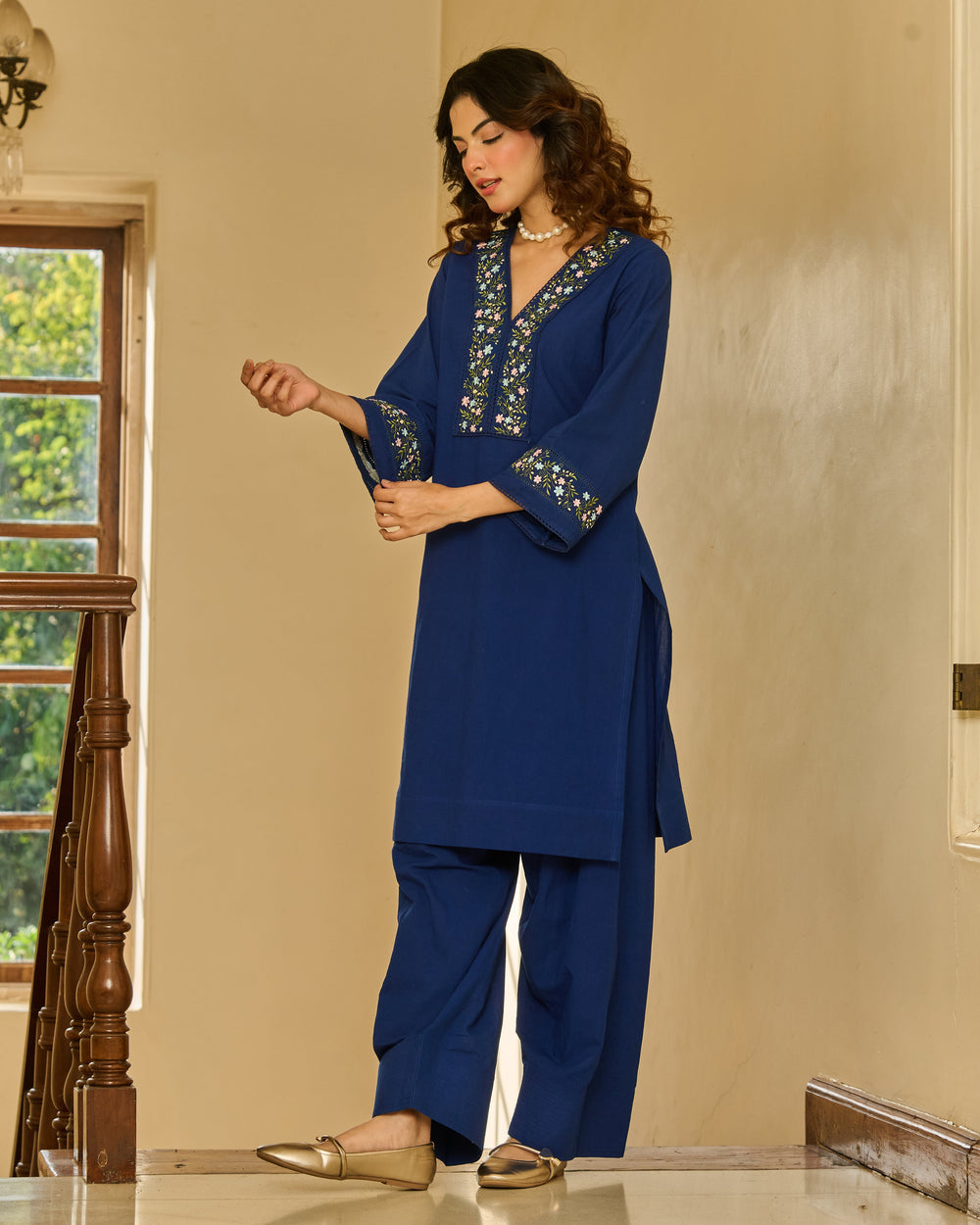 Ease Blue Embroidered Cotton Kurta Set